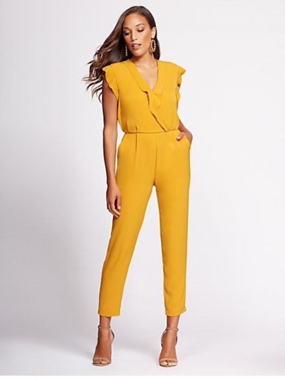 Mustard Yellow Ruffle Sleeve Jumpsuit - Women